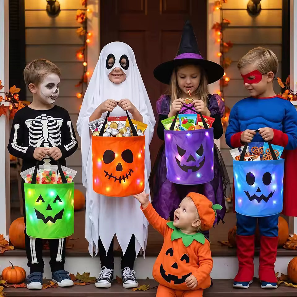 LED Light-Up Halloween Jack-O-Lantern Candy Basket – Glow-in-the-Dark Trick-or-Treat Bag