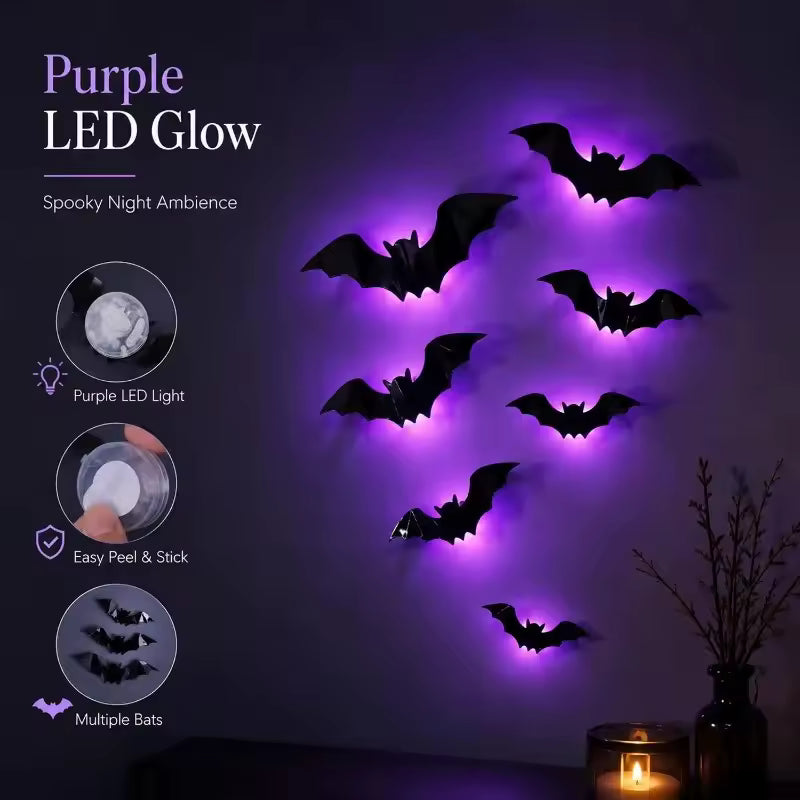 12-Pack Purple LED Bat Wall Stickers | Glow in the Dark 3D Halloween Window Decor