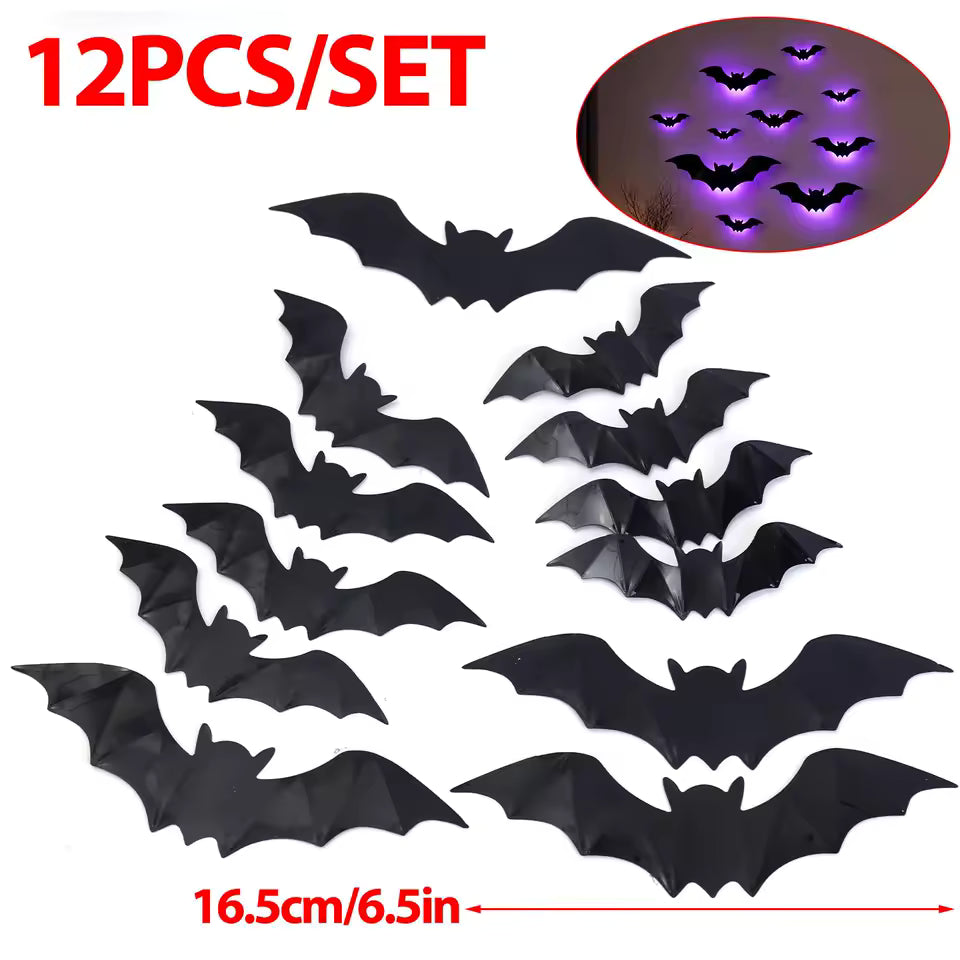 12-Pack Purple LED Bat Wall Stickers | Glow in the Dark 3D Halloween Window Decor