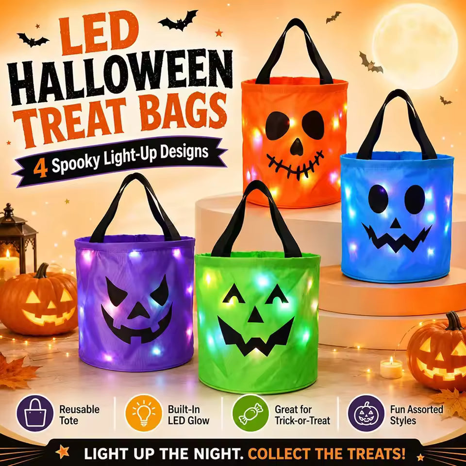 LED Light-Up Halloween Jack-O-Lantern Candy Basket – Glow-in-the-Dark Trick-or-Treat Bag