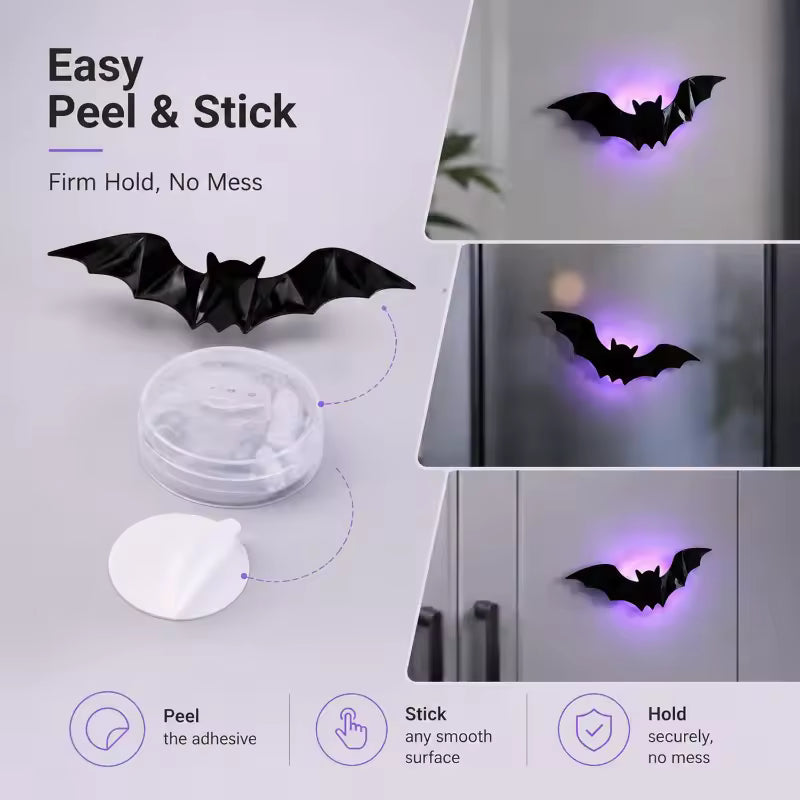12-Pack Purple LED Bat Wall Stickers | Glow in the Dark 3D Halloween Window Decor
