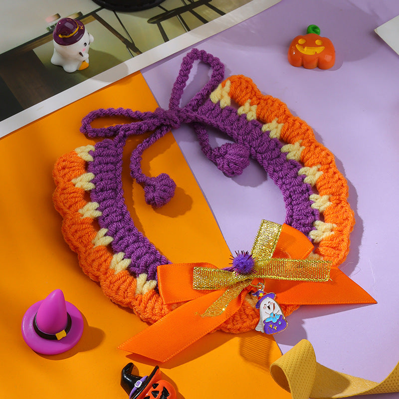 Halloween Witch Hat & Pumpkin Collar Set for Cats & Dogs – Handmade Knit Pet Costume