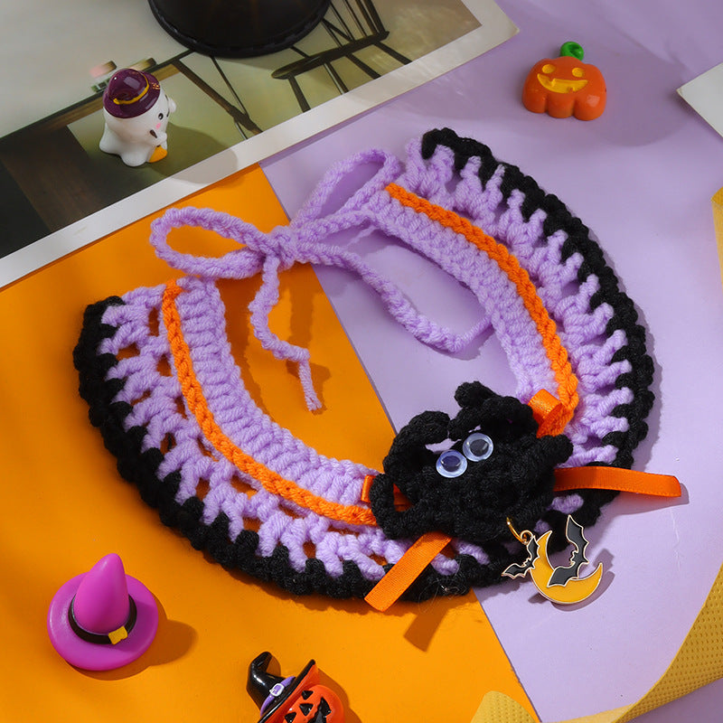 Halloween Witch Hat & Pumpkin Collar Set for Cats & Dogs – Handmade Knit Pet Costume