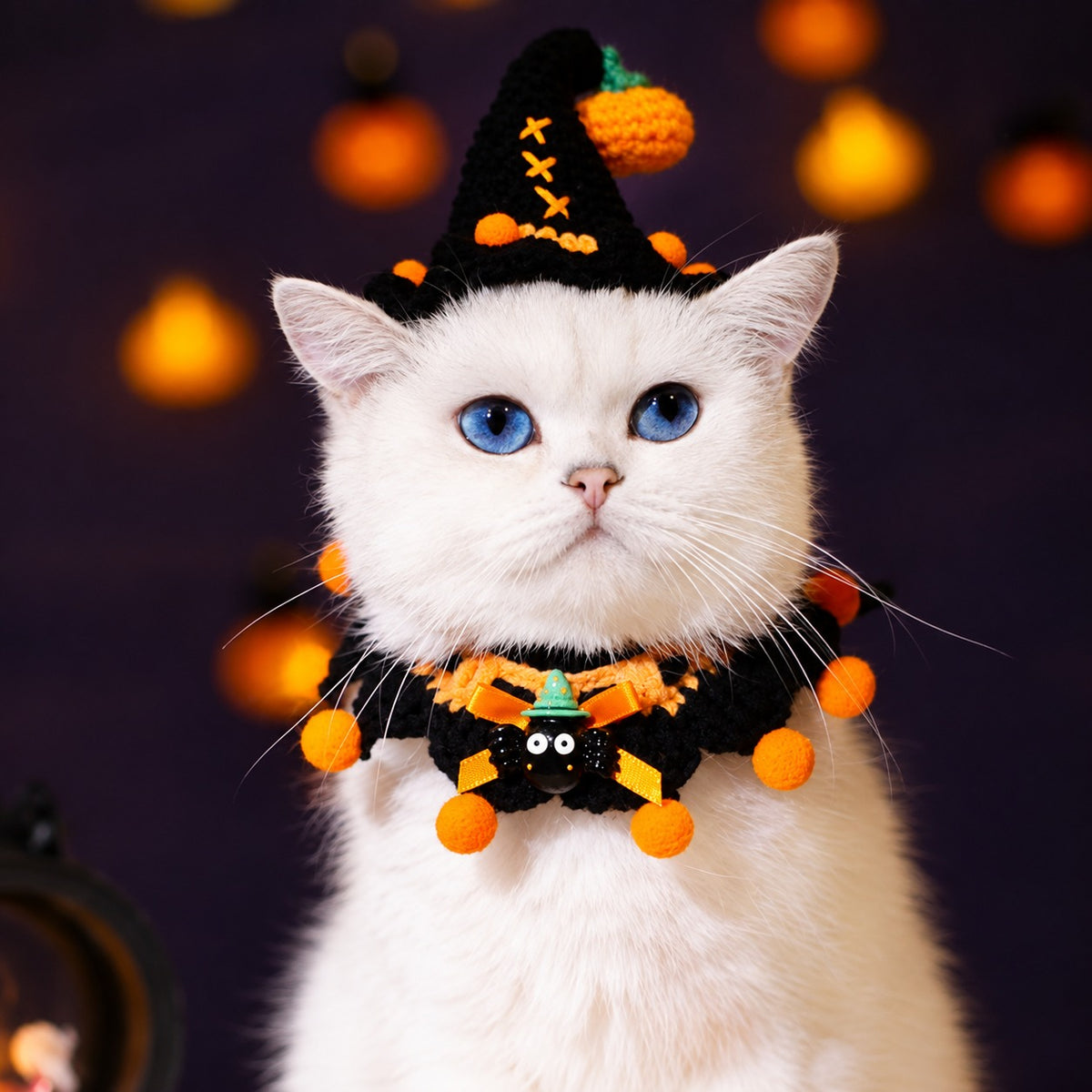 Halloween Witch Hat & Pumpkin Collar Set for Cats & Dogs – Handmade Knit Pet Costume