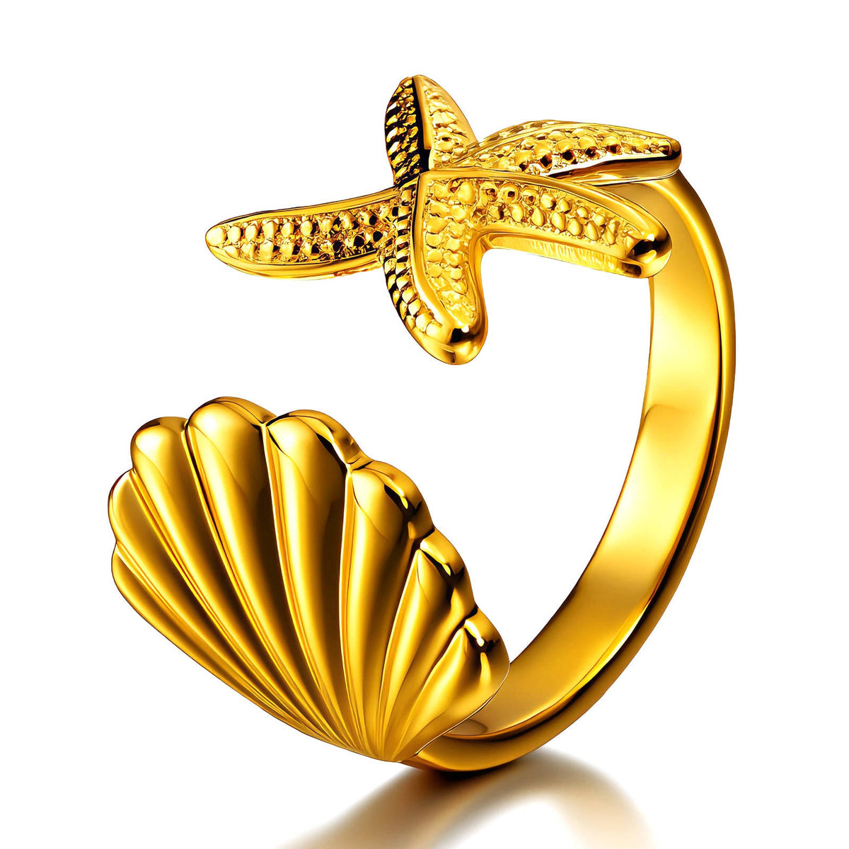 Starfish And Seashell PVD Gold-Plated Steel Ring - Intensity