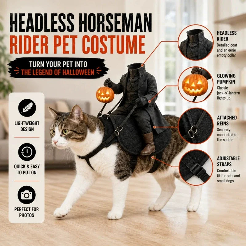 A cat wearing a headless horseman pet costume in a home setting, with text callouts showing features like the headless rider costume, glowing pumpkin, attached reins, and adjustable straps.