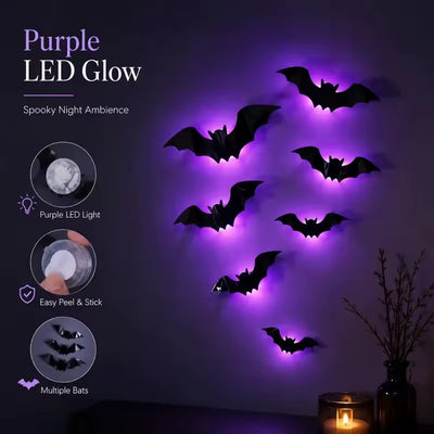 12-Pack Purple LED Bat Wall Stickers | Glow in the Dark 3D Halloween Window Decor