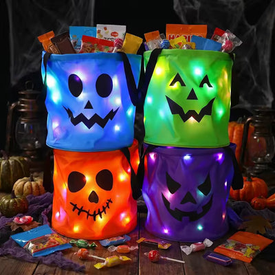 LED Light-Up Halloween Jack-O-Lantern Candy Basket – Glow-in-the-Dark Trick-or-Treat Bag