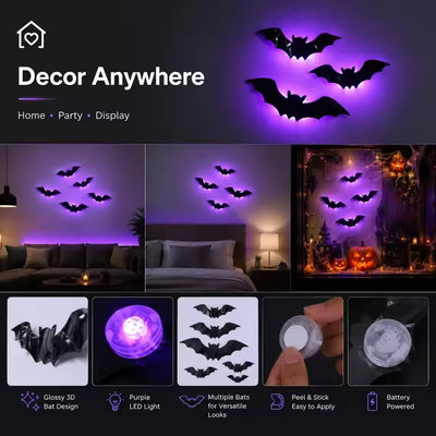 12-Pack Purple LED Bat Wall Stickers | Glow in the Dark 3D Halloween Window Decor