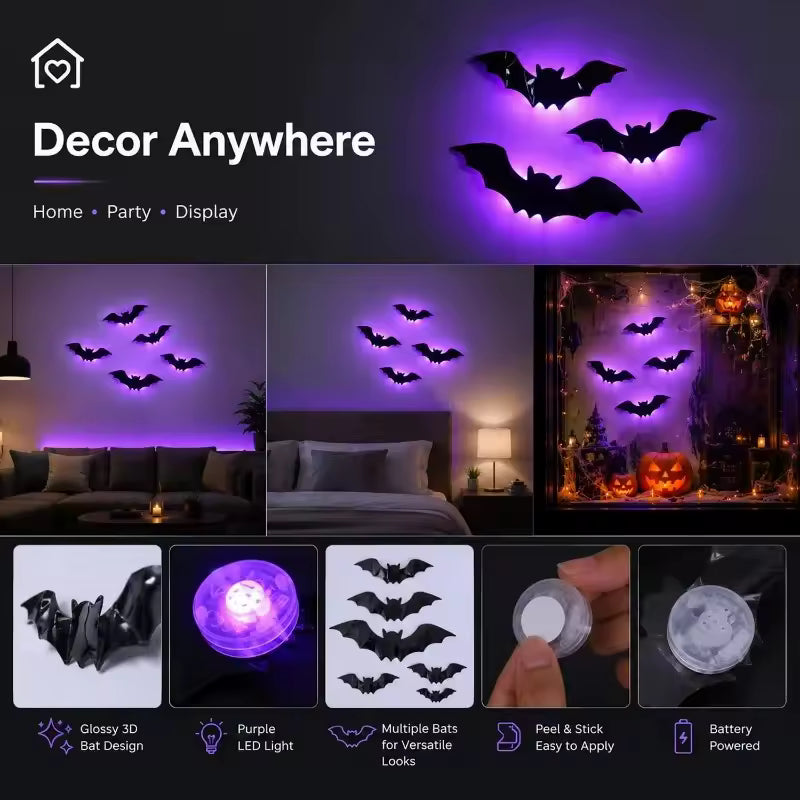 12-Pack Purple LED Bat Wall Stickers | Glow in the Dark 3D Halloween Window Decor