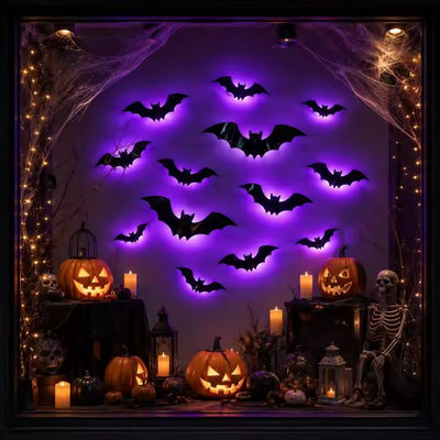 12-Pack Purple LED Bat Wall Stickers | Glow in the Dark 3D Halloween Window Decor