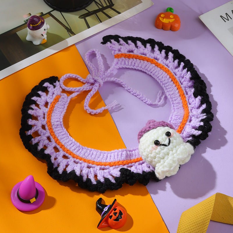 Halloween Witch Hat & Pumpkin Collar Set for Cats & Dogs – Handmade Knit Pet Costume