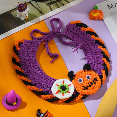 Halloween Witch Hat & Pumpkin Collar Set for Cats & Dogs – Handmade Knit Pet Costume