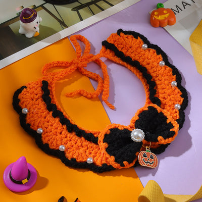 Halloween Witch Hat & Pumpkin Collar Set for Cats & Dogs – Handmade Knit Pet Costume