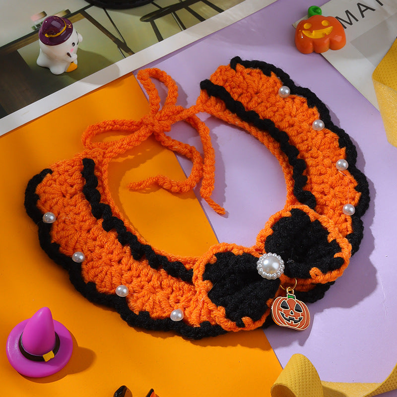 Halloween Witch Hat & Pumpkin Collar Set for Cats & Dogs – Handmade Knit Pet Costume