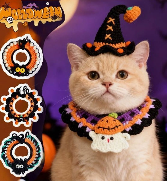 Halloween Witch Hat & Pumpkin Collar Set for Cats & Dogs – Handmade Knit Pet Costume