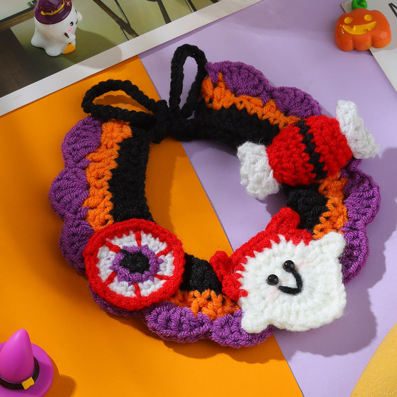 Halloween Witch Hat & Pumpkin Collar Set for Cats & Dogs – Handmade Knit Pet Costume