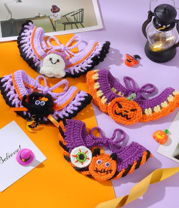 Halloween Witch Hat & Pumpkin Collar Set for Cats & Dogs – Handmade Knit Pet Costume