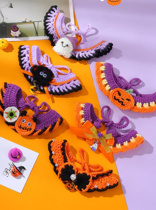 Halloween Witch Hat & Pumpkin Collar Set for Cats & Dogs – Handmade Knit Pet Costume